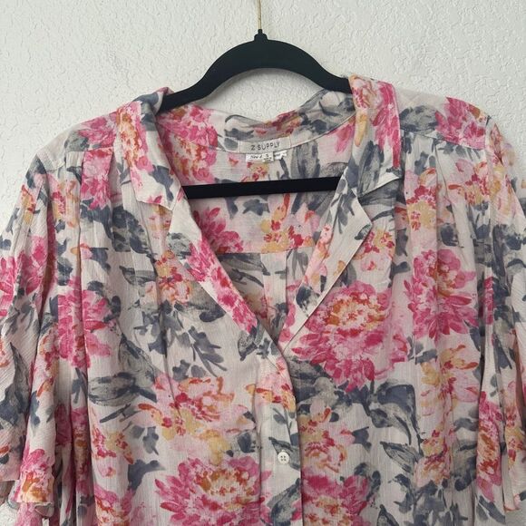 Z Supply Pink and Gray Floral Button-Down Shirt Blouse Size Small - Picture 2 of 7